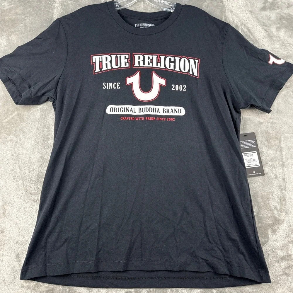 True Religion T-Shirt Mens Medium Jet Black Buddha Graphic NEW